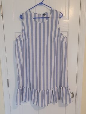 SHEIN Blue and White Striped Ruffle-Hem Casual Dress